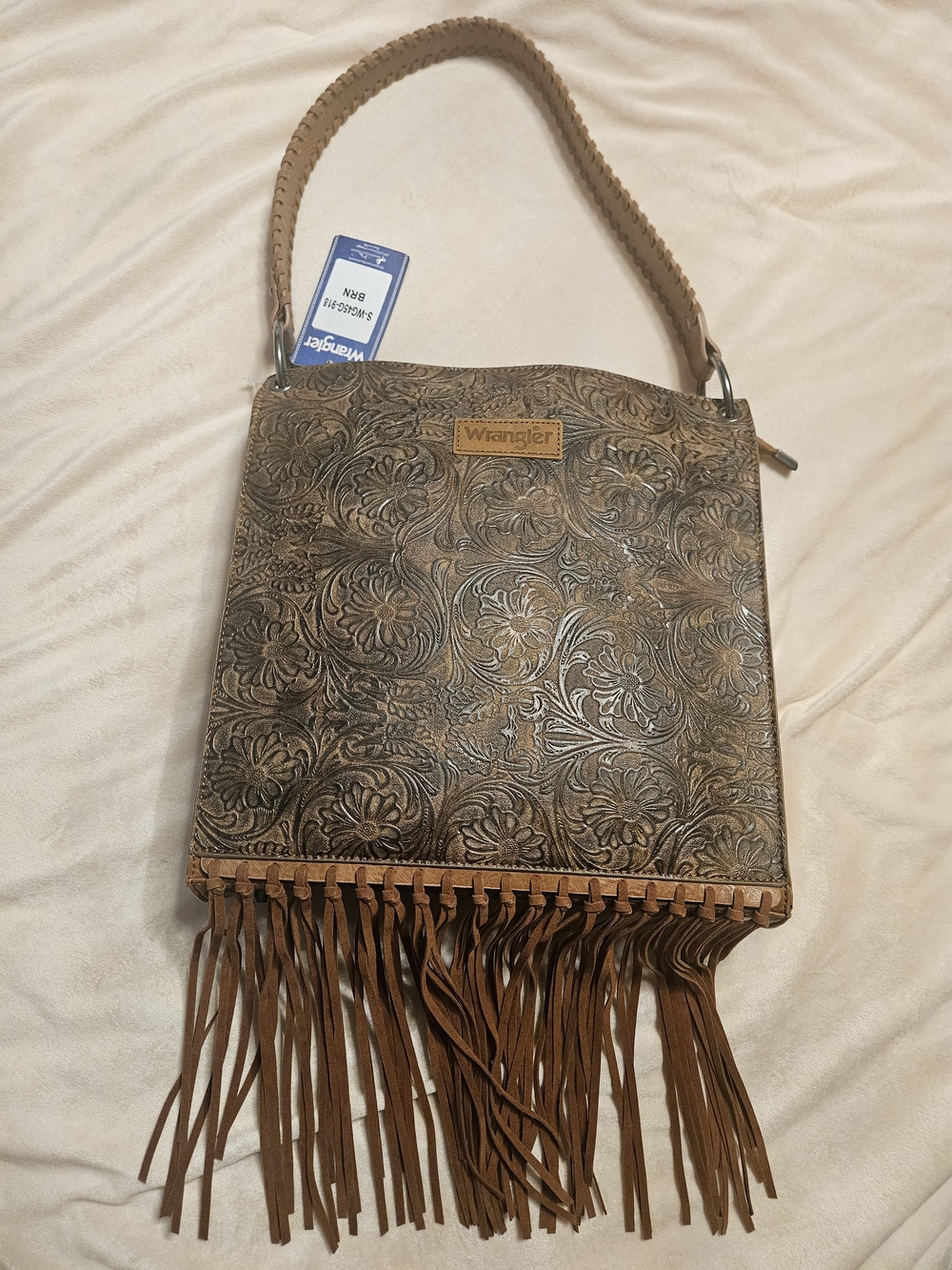 Wrangler Floral Tooled Brown Leather Fringe Shoulder Bag